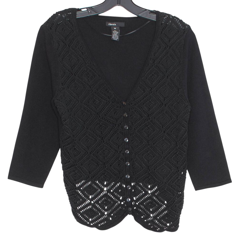 Thesis Cardigan Sweater 3/4 Sleeve Goth Romantic Open Knit Button Black Medium